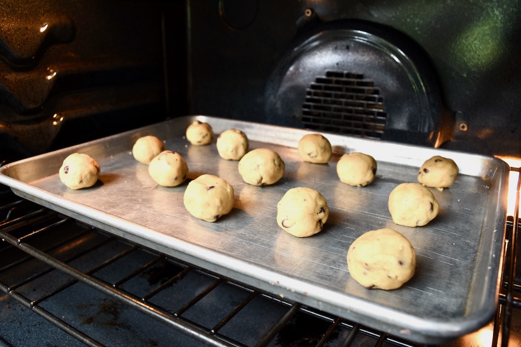 a pan of cookies ready to bake
