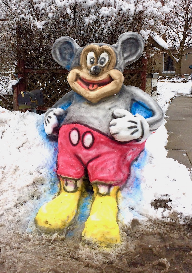 snow sculpture of Mikey Mouse