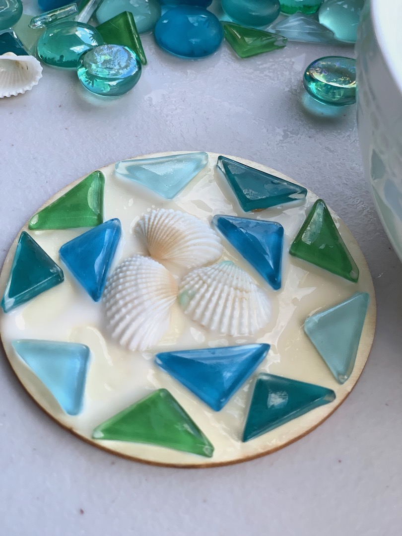 seashell craft - mosaic pieces glued down